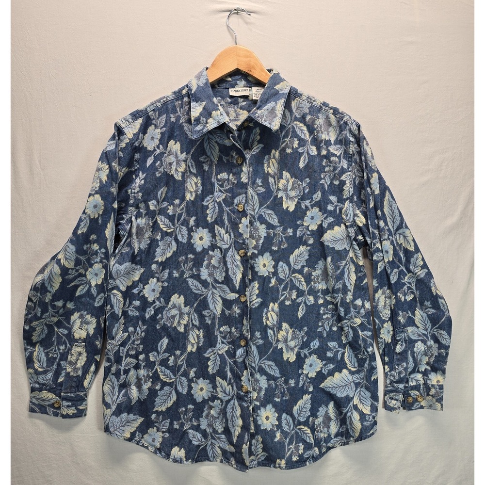 Cabin Creek Womens Large Denim Floral Shirt Jacket Blue Cotton Button Front